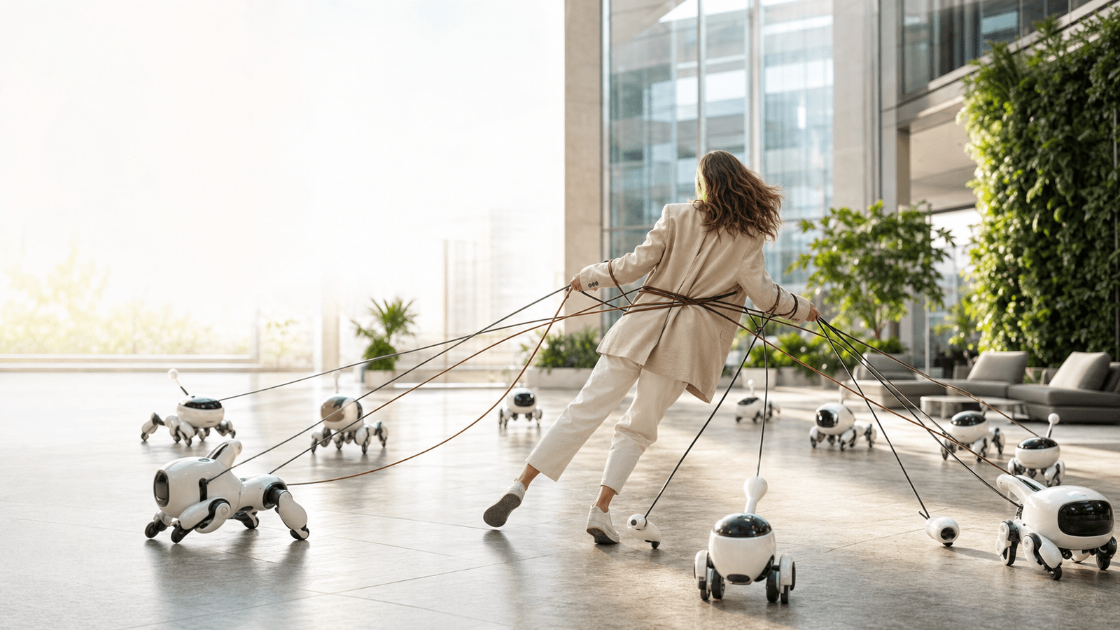 A stylishly dressed person in a bright, plant-filled atrium is pulled in every direction by a pack of small autonomous robots straining on tangled leashes — a wry image of AI autonomy outrunning the discipline to govern it.