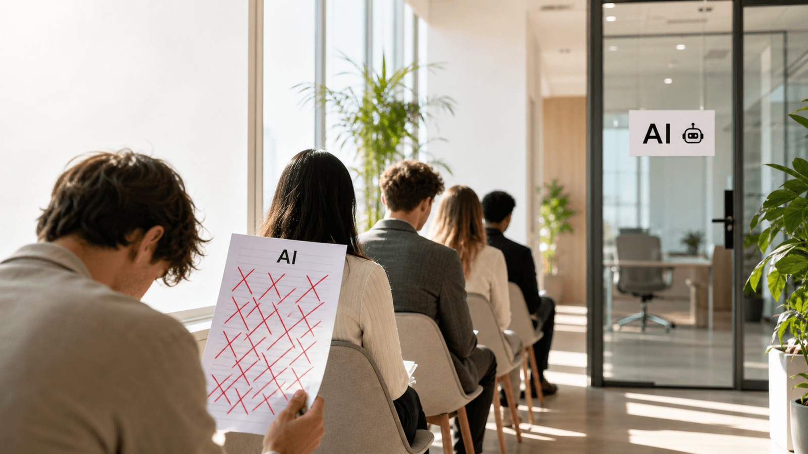 A sunlit office corridor where stylish candidates queue outside an interview room marked "AI"; in the foreground one glumly holds a red-crossed "AI" test — a wry take on the scarcity of ready-made AI talent.