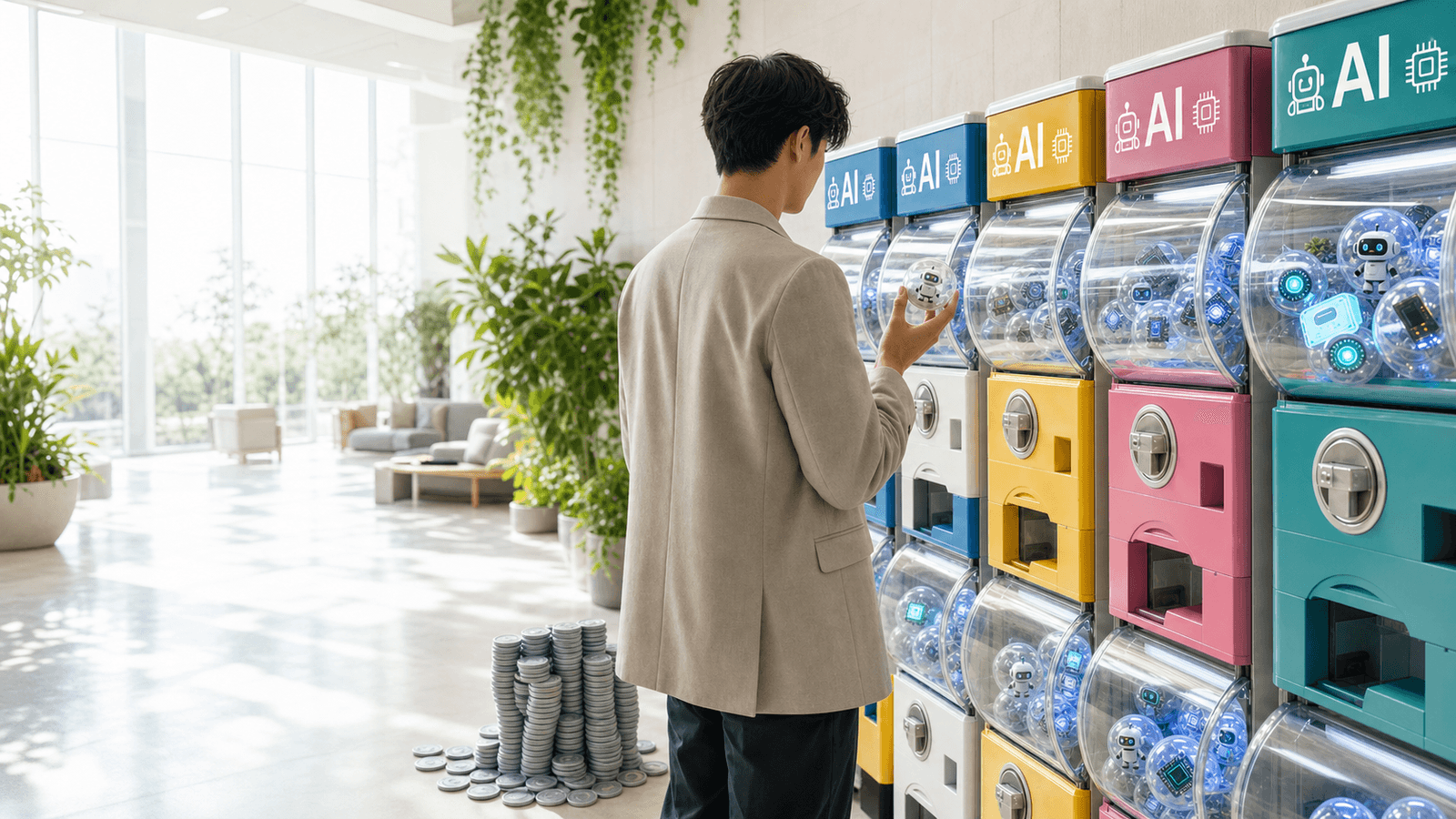 A fashionably dressed person in a bright, plant-filled atrium stands at a colourful wall of capsule-toy machines beside a tall stack of spent tokens, holding a single tiny capsule — a wry image of heavy AI spend and thin returns.