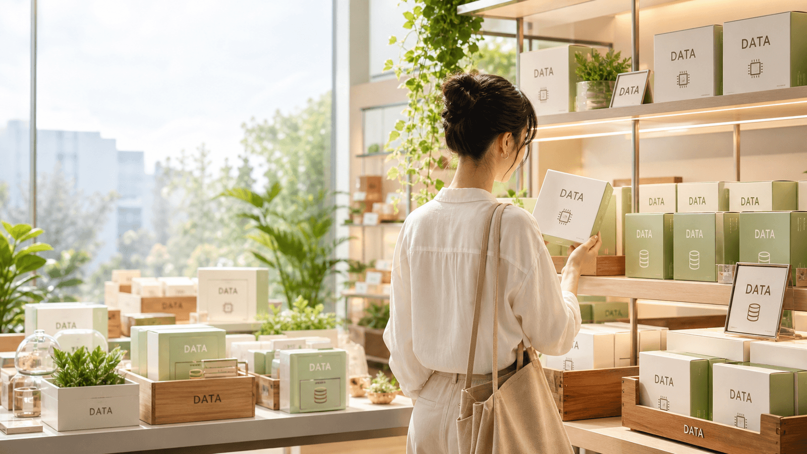 In a bright, plant-filled boutique, a stylish shopper picks a premium box labelled "DATA" from sleek display shelves — a wry image of data treated as a polished product rather than messy exhaust.