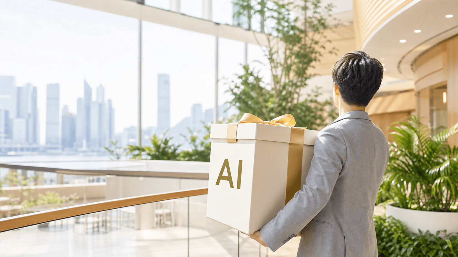 In a bright, plant-filled Hong Kong atrium with the skyline beyond the glass, a stylish person carries a large premium gift box labelled "AI" — a wry image of public funding handed to enterprises.