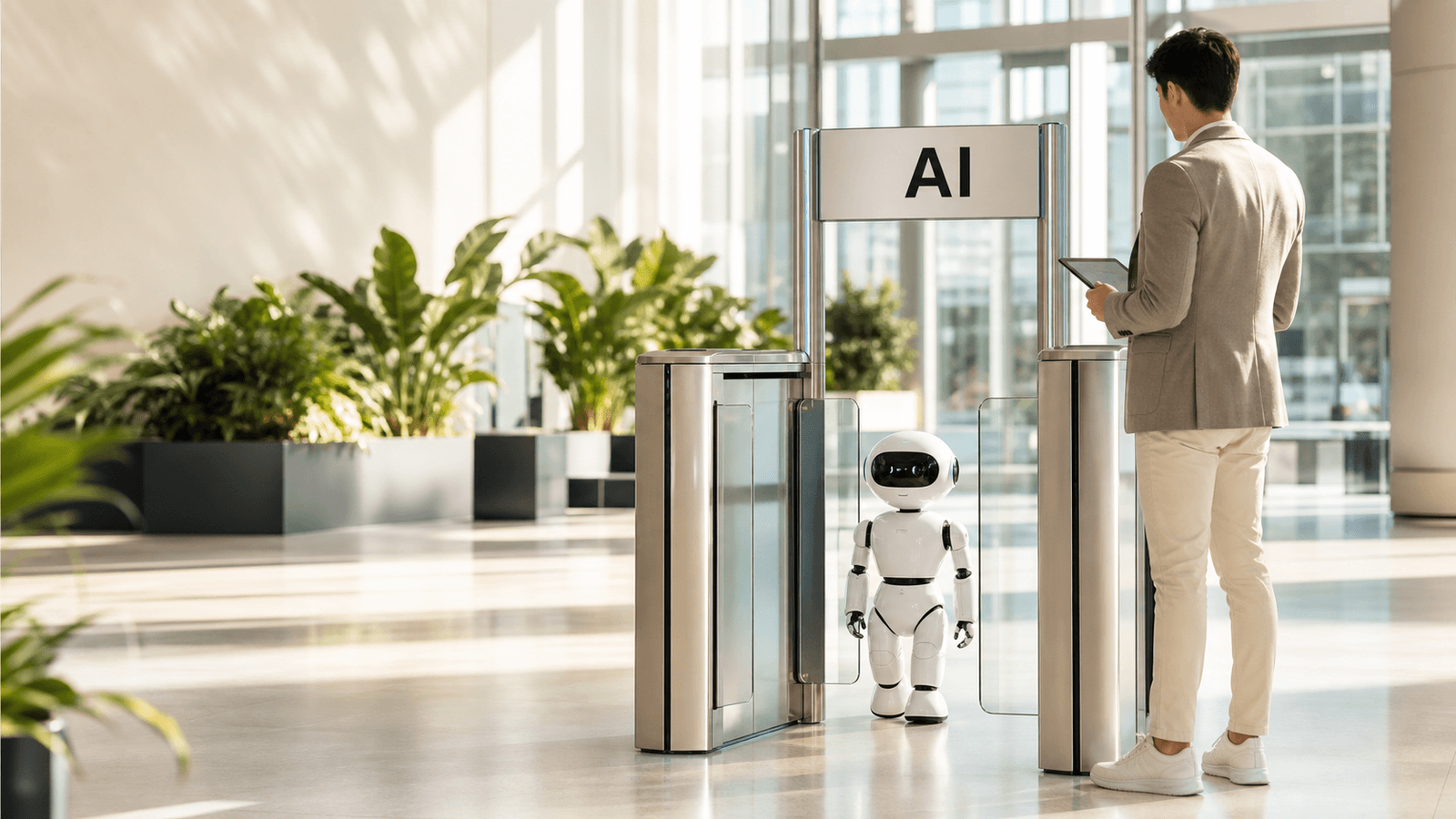 In a bright, plant-filled lobby, a small friendly robot passes through an orderly security-style gate marked "AI" as a stylish marshal looks on — a wry image of AI cleared through governance.