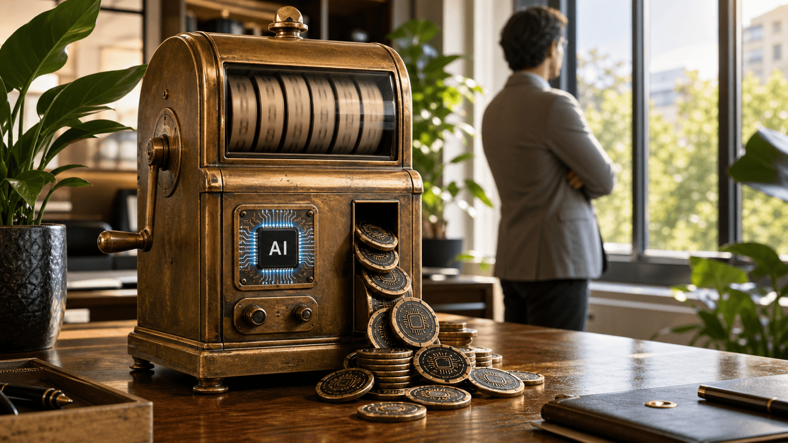 A vintage brass taxi-style billing meter on a sunlit, plant-filled desk, retrofitted with a glowing 'AI' chip and a slot spilling stacks of casino-style tokens as its numbers climb, while a fashionably dressed executive looks on unconvinced — the billable hour simply re-badged for the AI era.